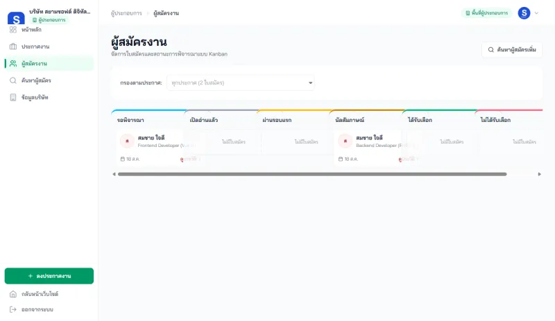 กระดาน Kanban จัดการใบสมัคร แบ่งเป็น 6 คอลัมน์ตามขั้นการพิจารณา