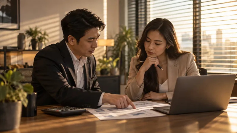 คนสองคนนั่งคุยใบเสนอราคาทำเว็บไซต์กันที่โต๊ะประชุม